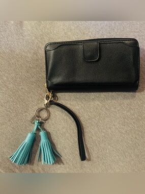 Black Wallet with Turquoise Tassel Keychain
